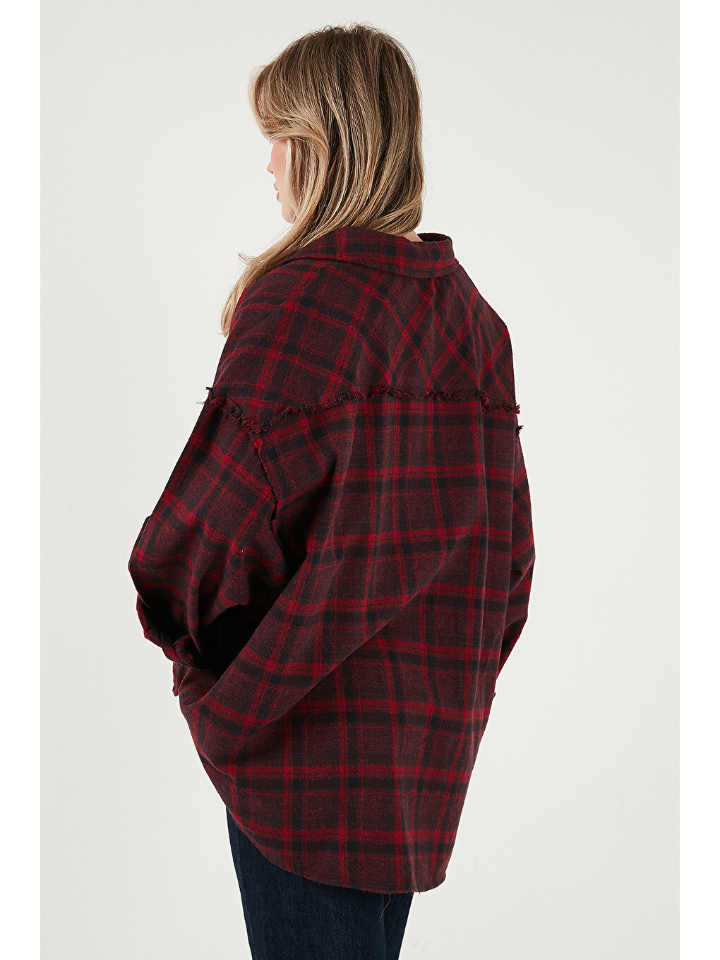 Mürdüm Ekoseli Pamuklu Oversize Fit Klasik Yaka Gömlek 6835002-6