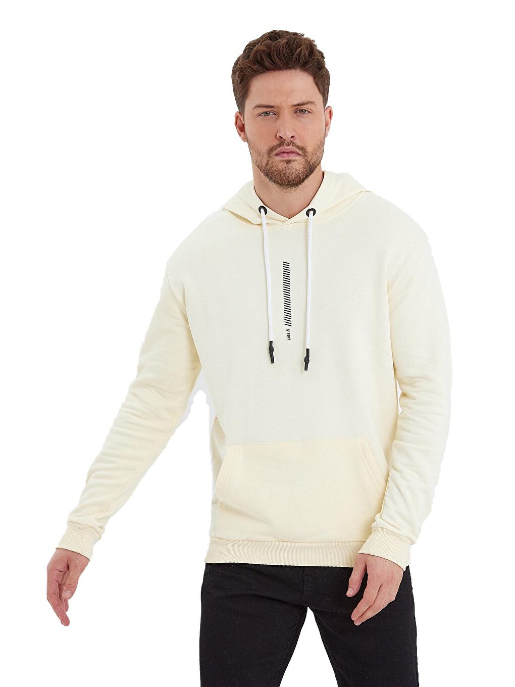 Ekru Kapüşonlu Erkek Hoodie Rektör Çizgili