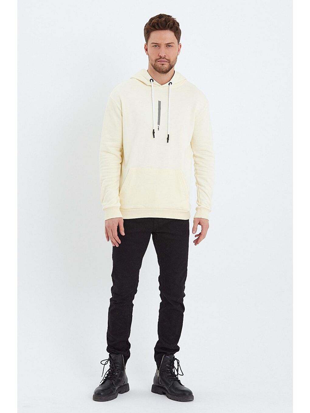 Ekru Kapüşonlu Erkek Hoodie Rektör Çizgili-1