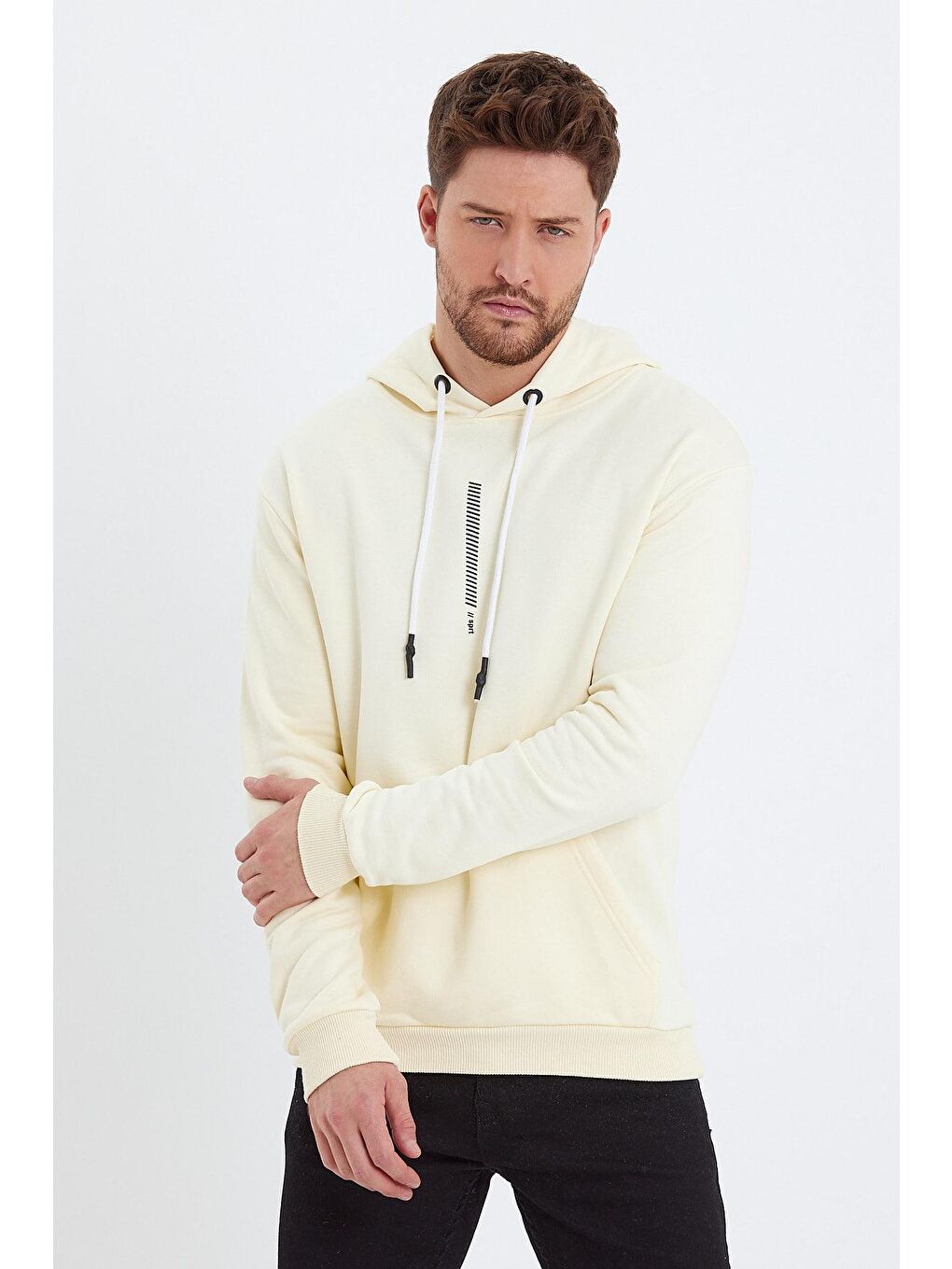 Ekru Kapüşonlu Erkek Hoodie Rektör Çizgili-3
