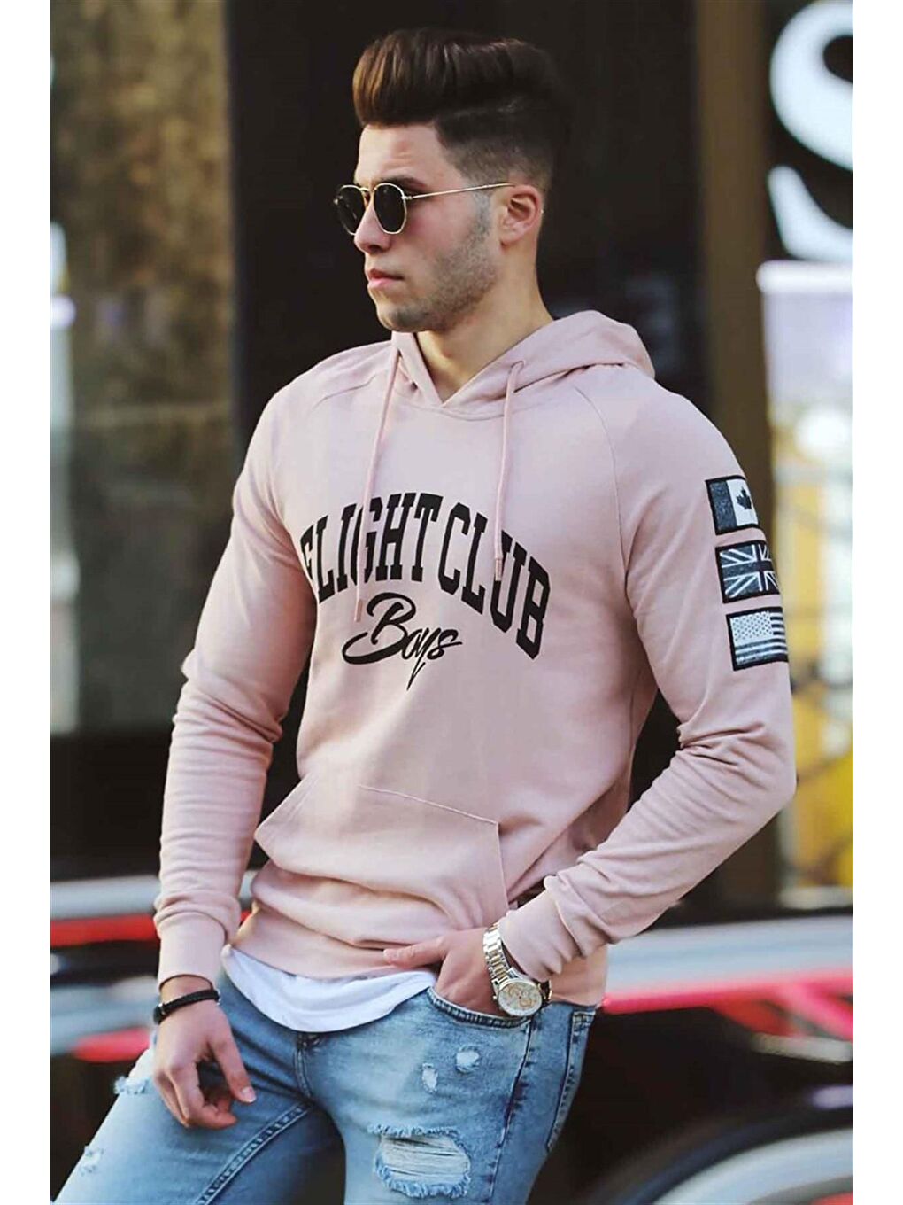 Pembe Pudra Baskılı Kapüşonlu Sweatshirt 2868