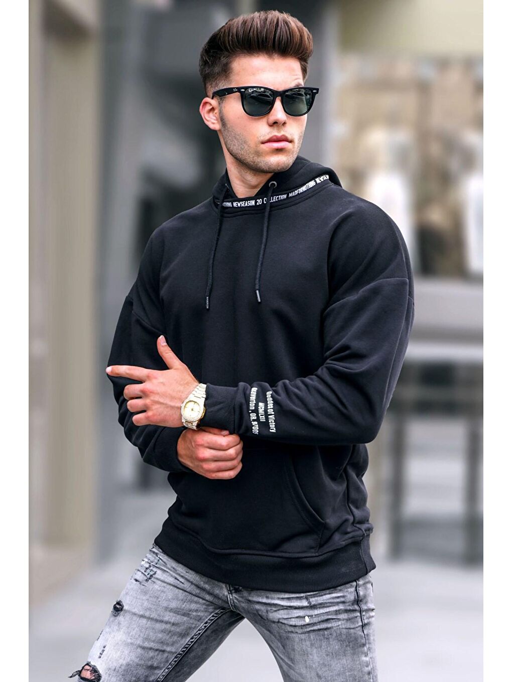 Siyah Baskılı Erkek Kapüşonlu Sweatshirt 4789