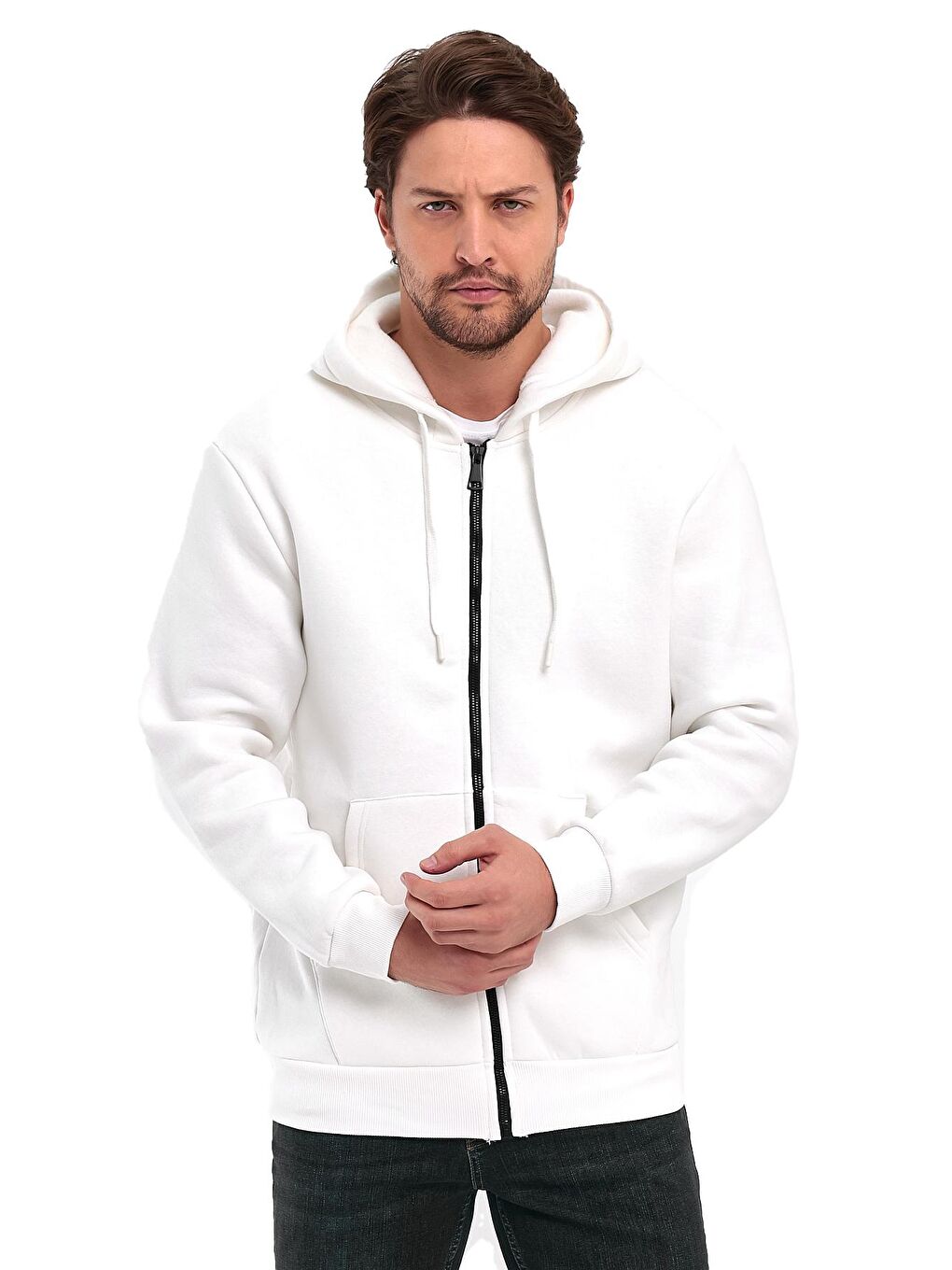 Ekru 3 İp Şardonlu  Kapüşonlu Erkek Fermuarlı Sweatshirt