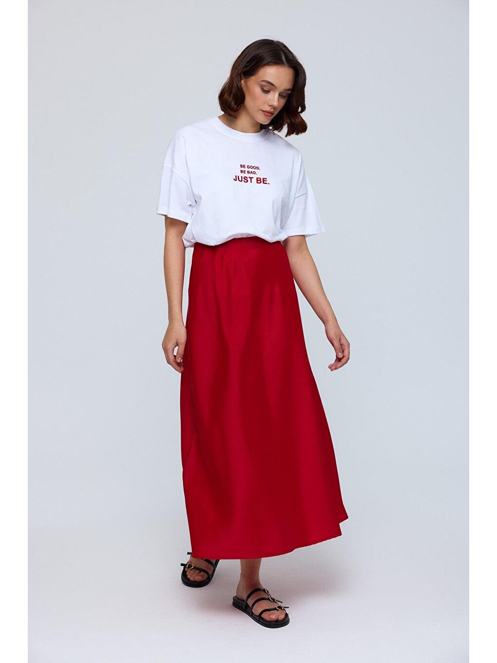 Beli Lastikli Saten Kırmızı Etek-1