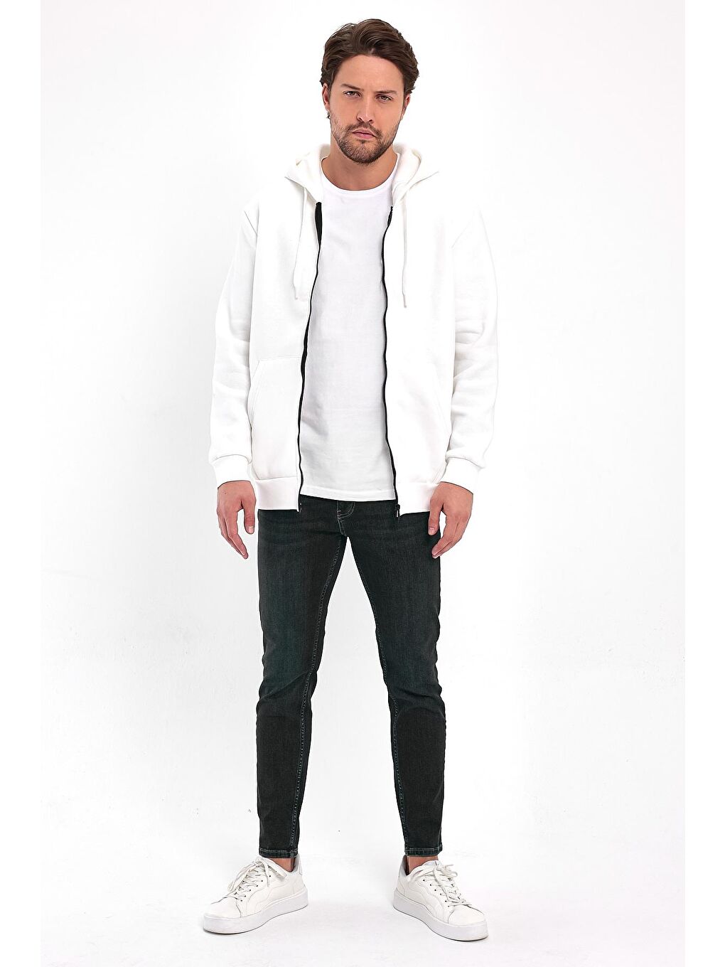 Ekru 3 İp Şardonlu  Kapüşonlu Erkek Fermuarlı Sweatshirt-1