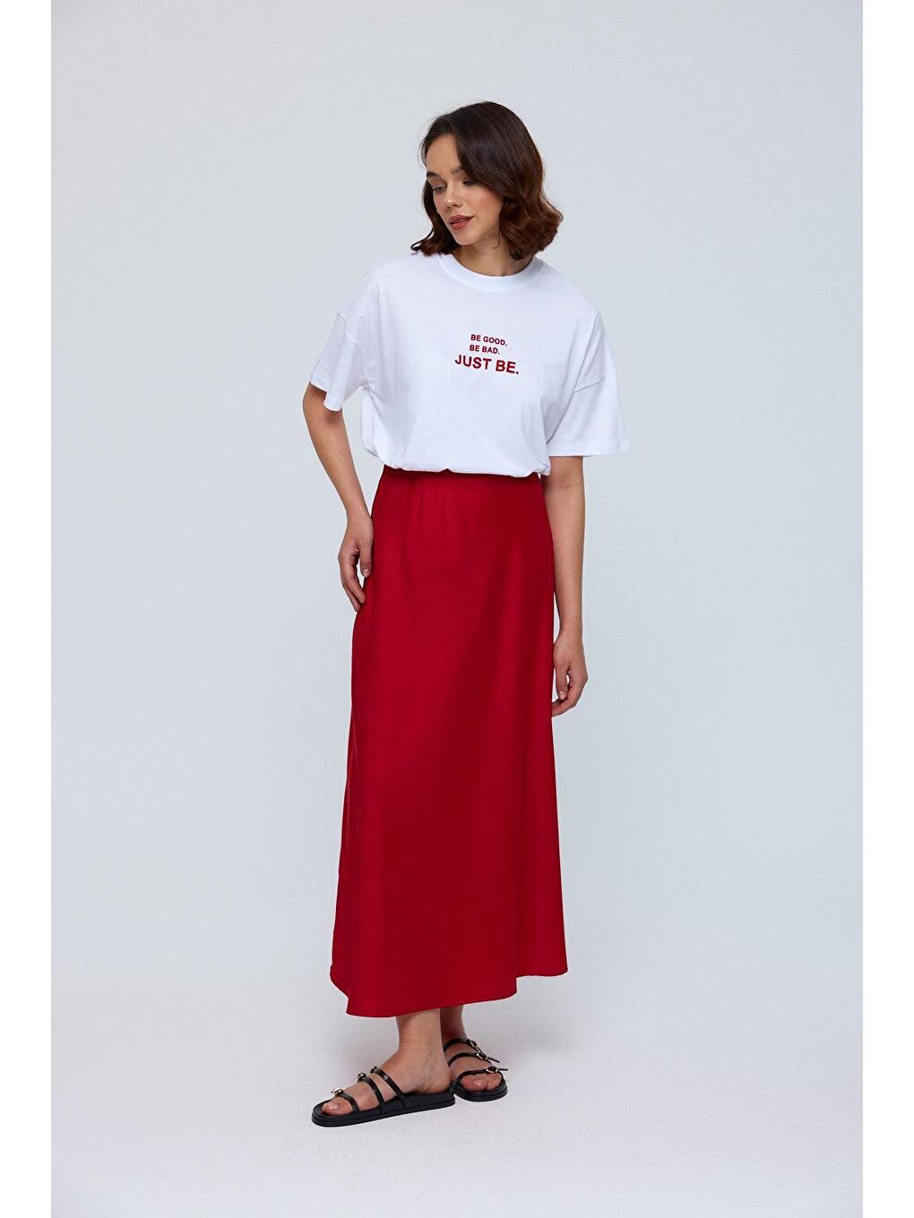 Beli Lastikli Saten Kırmızı Etek-2