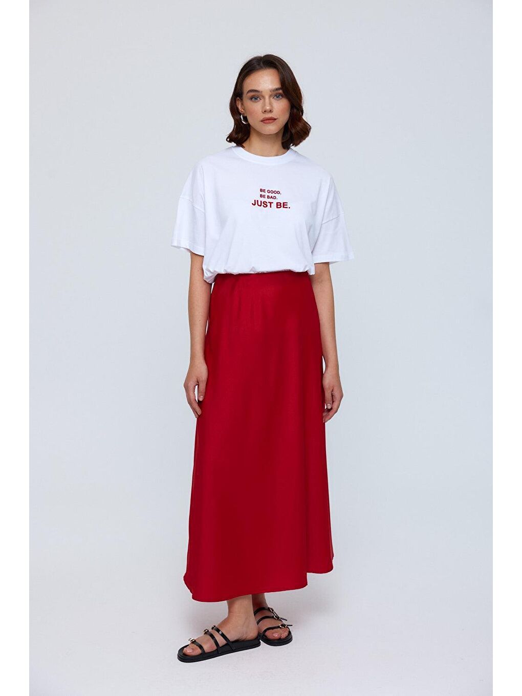 Beli Lastikli Saten Kırmızı Etek-3