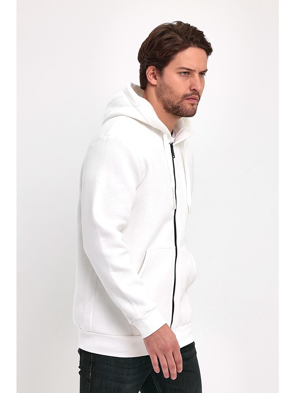 Ekru 3 İp Şardonlu  Kapüşonlu Erkek Fermuarlı Sweatshirt-2