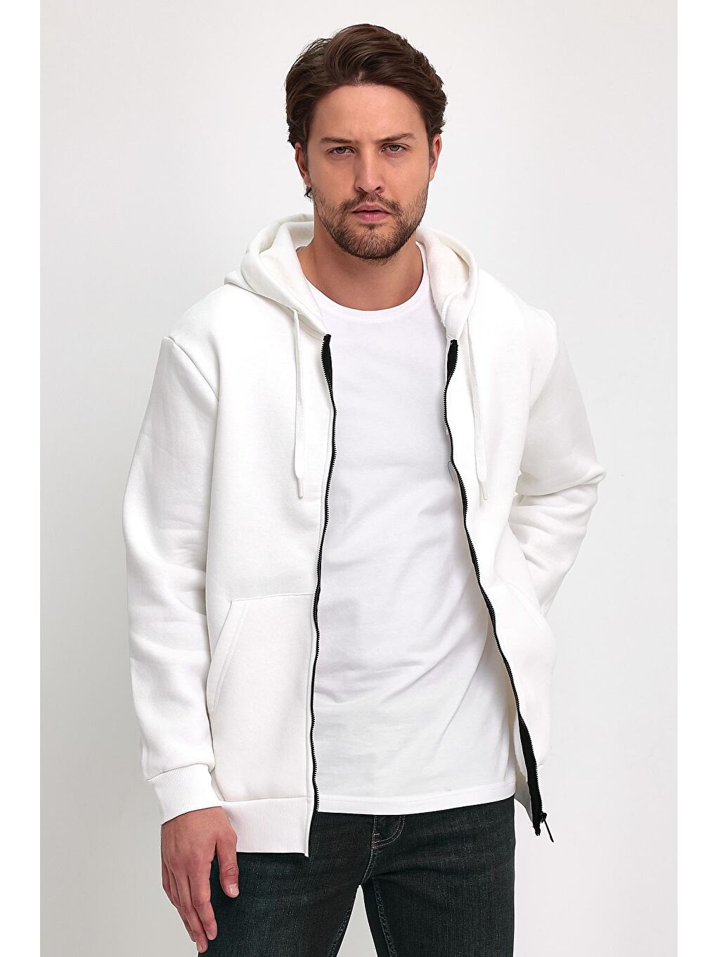 Ekru 3 İp Şardonlu  Kapüşonlu Erkek Fermuarlı Sweatshirt-3