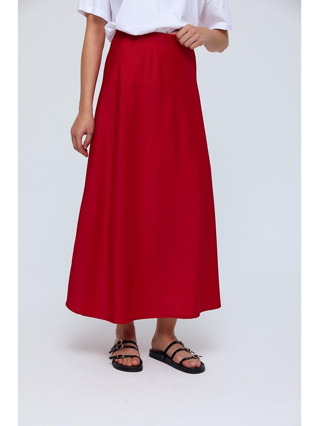 Beli Lastikli Saten Kırmızı Etek-6