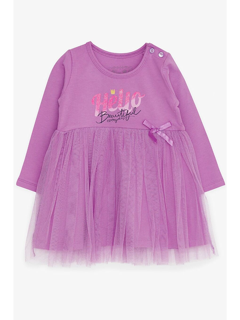 Lila Kız Bebek Uzun Kollu Elbise Baskılı Tüllü Eflatun (1.5 Yaş)