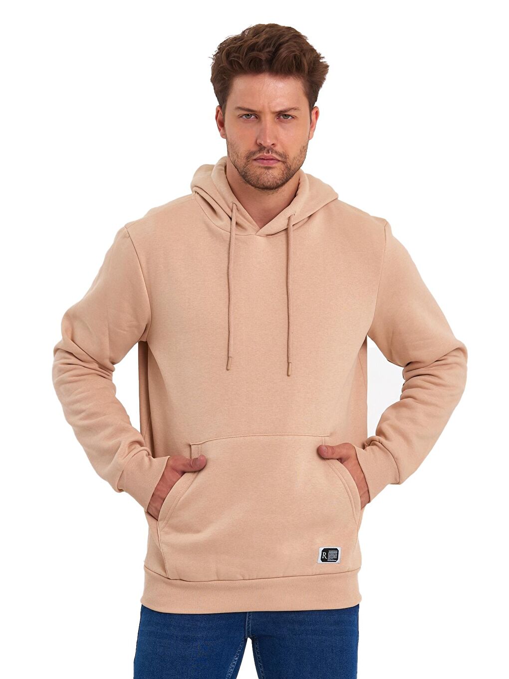 Ekru 3 İplik Şardonlu Kapüşonlu Erkek Hoodie