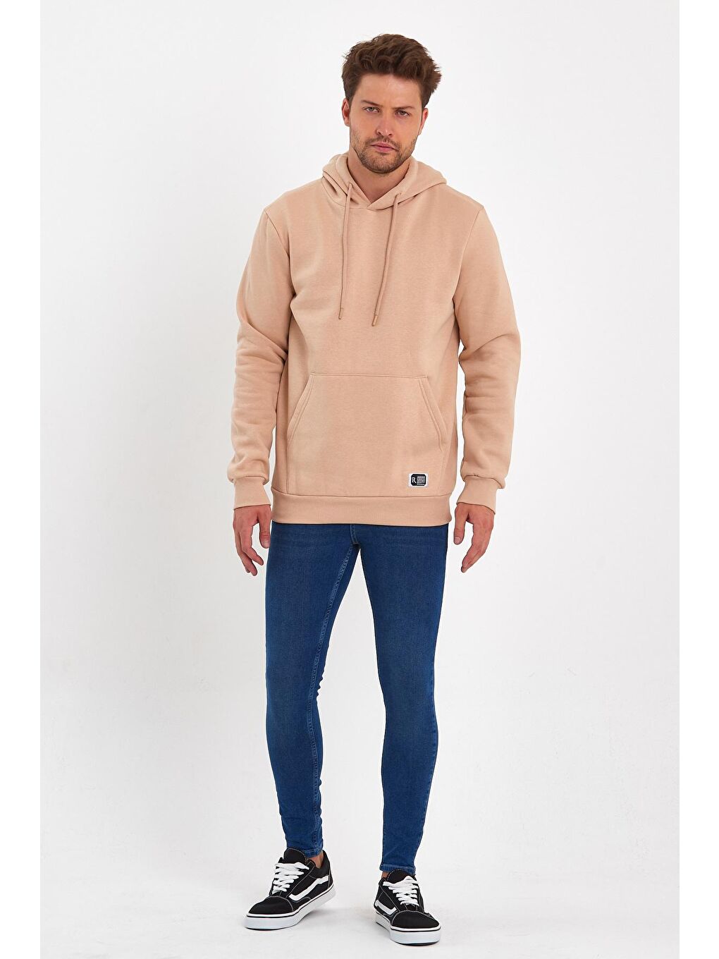 Ekru 3 İplik Şardonlu Kapüşonlu Erkek Hoodie-1