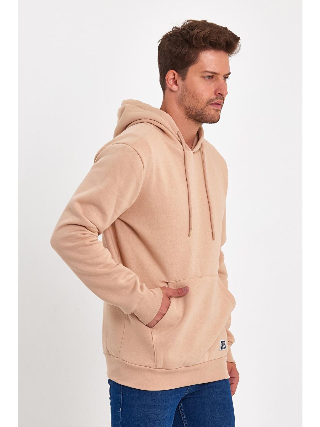 Ekru 3 İplik Şardonlu Kapüşonlu Erkek Hoodie-2
