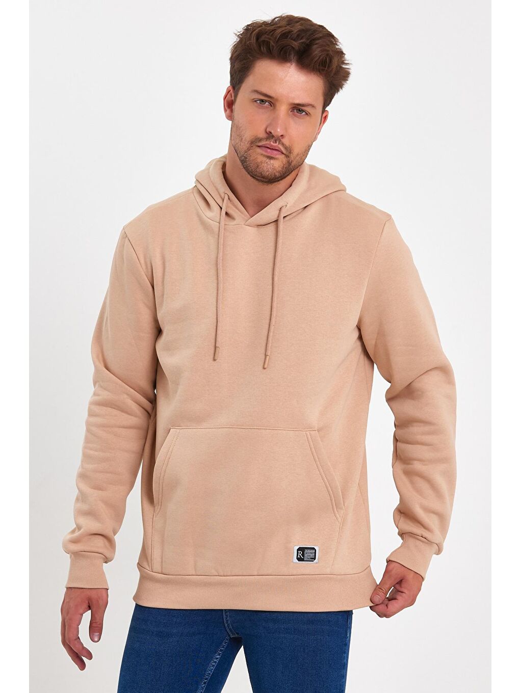 Ekru 3 İplik Şardonlu Kapüşonlu Erkek Hoodie-3