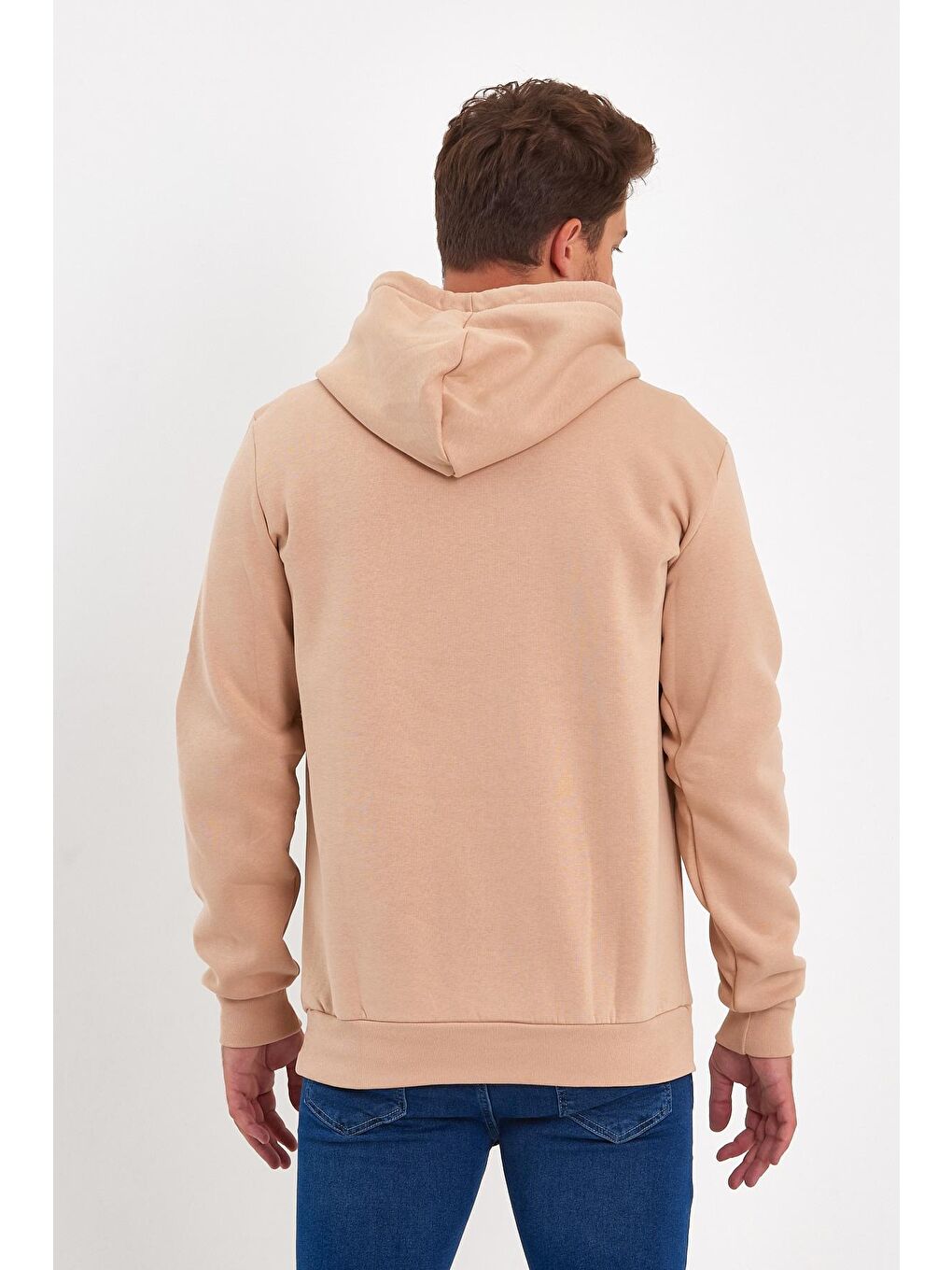 Ekru 3 İplik Şardonlu Kapüşonlu Erkek Hoodie-4