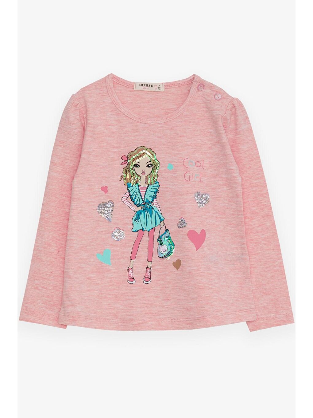 Pembe Kız Çocuk Uzun Kollu Tişört Havalı Kız Baskılı Somon Melanj (1.5-5 Yaş)