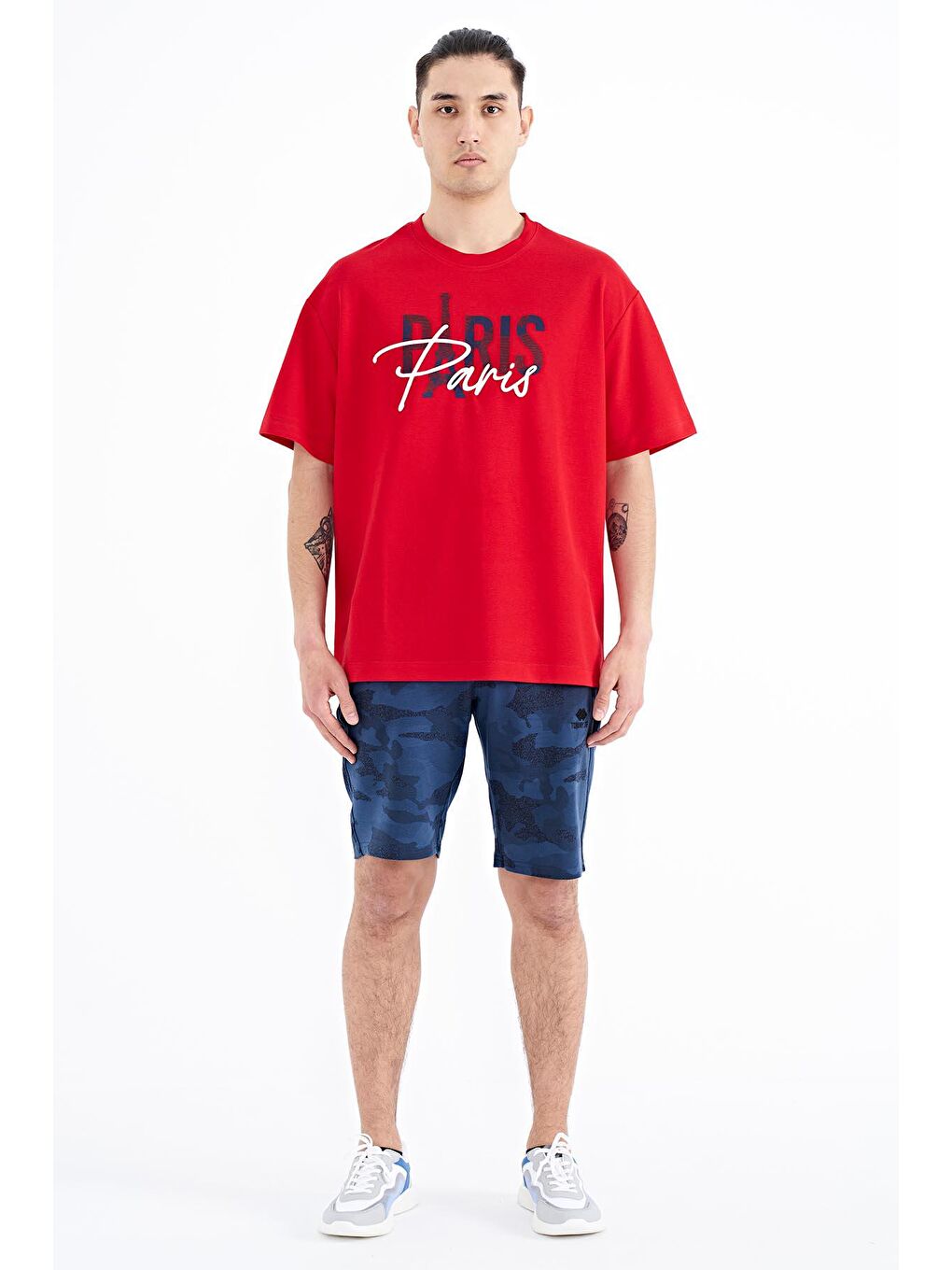 TOMMYLIFE Kırmızı Yazı Nakışlı O Yaka Oversize Erkek T-Shirt - 88223 - 2