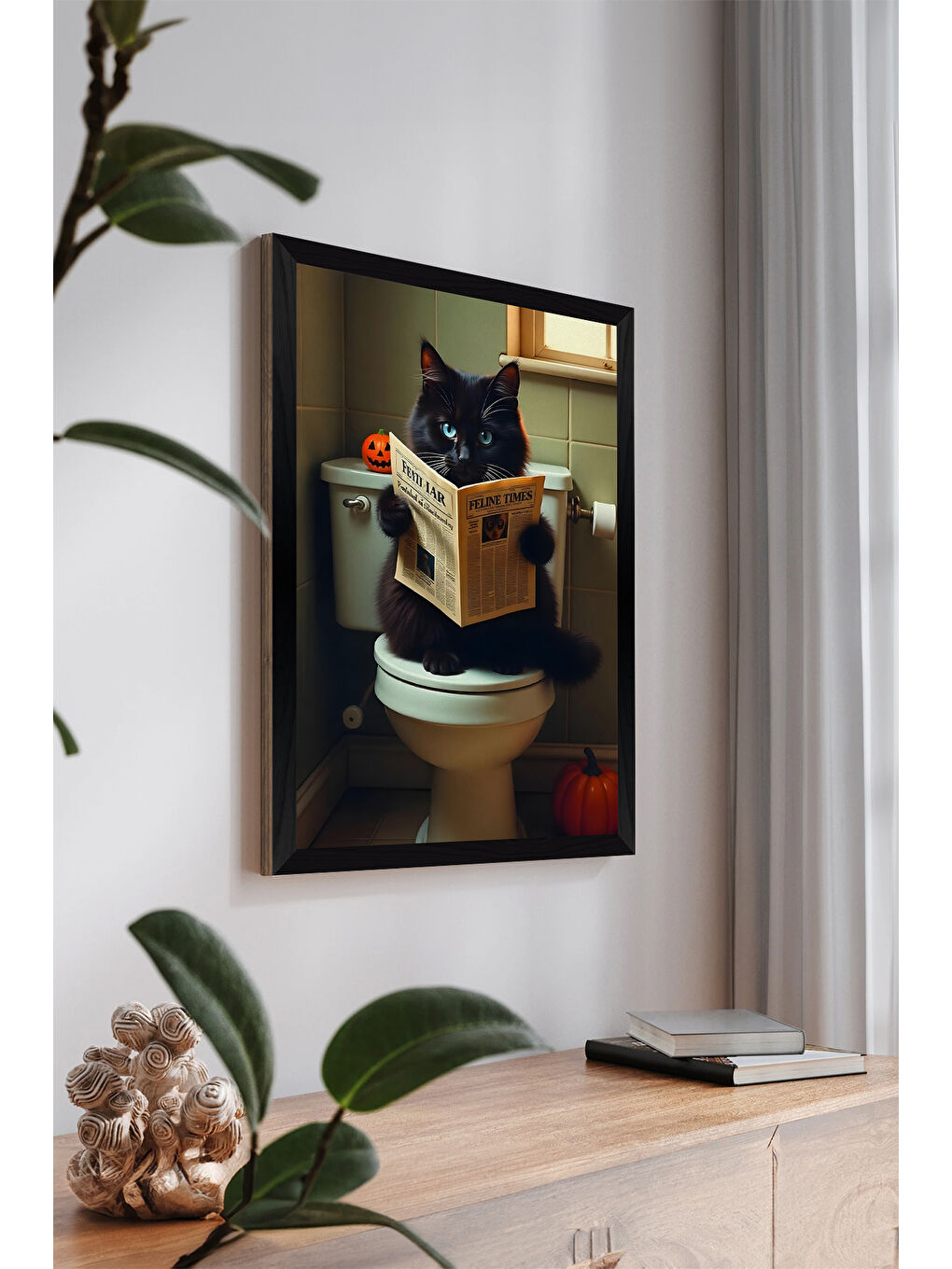 Beyaz Tek Parça Siyah Çerçeve Görünümlü Kedi Baskılı MDF 20x30 cm Tablo - Model 27