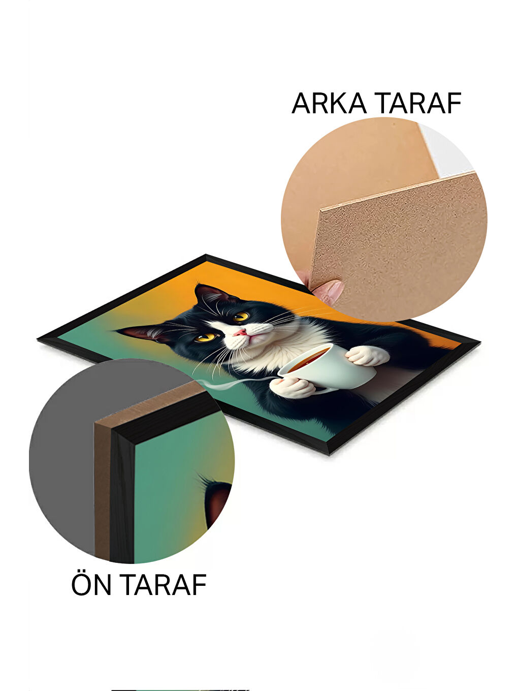 Beyaz Tek Parça Siyah Çerçeve Görünümlü Kedi Baskılı MDF 20x30 cm Tablo - Model 3-1