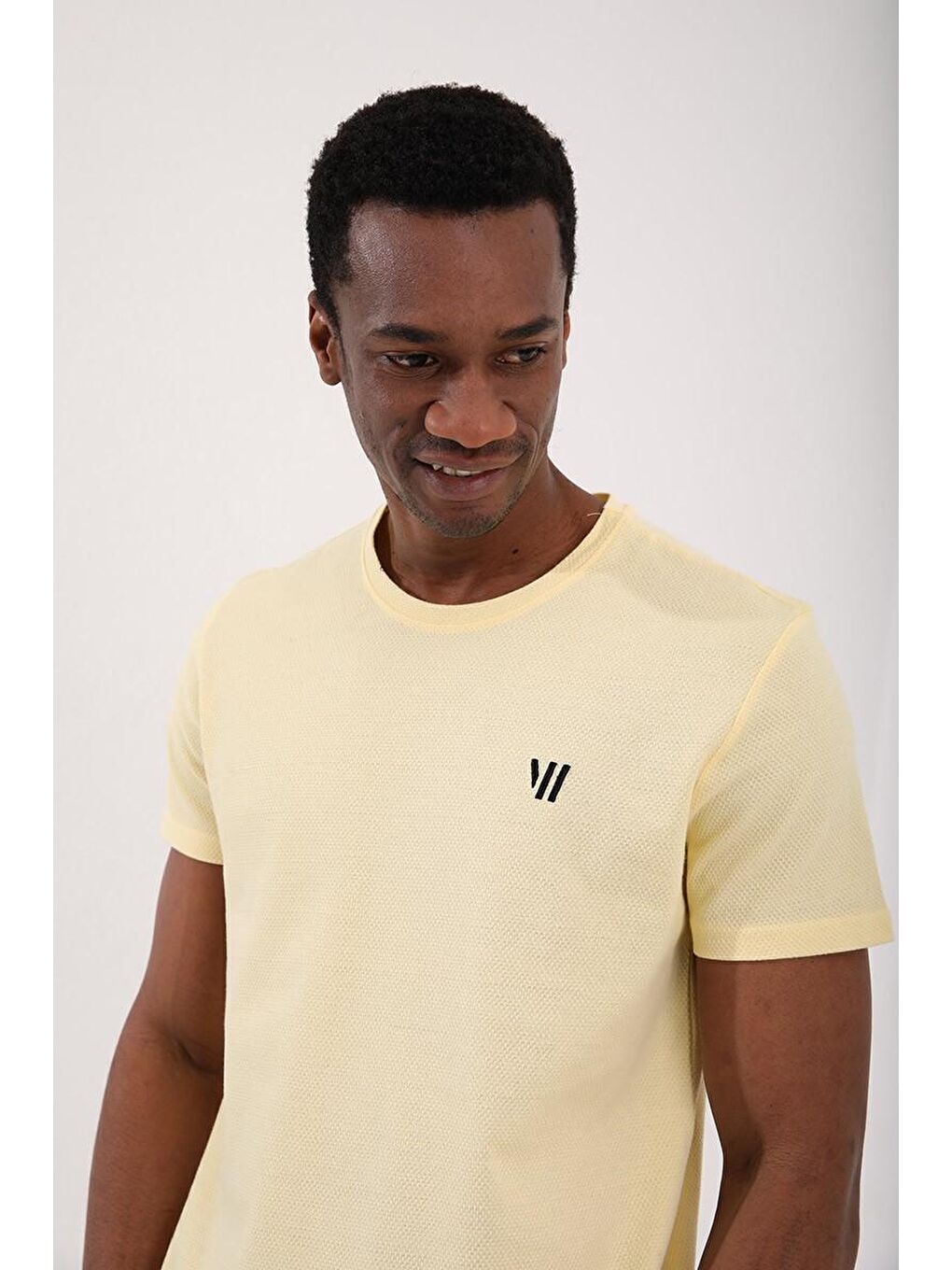 Sarı Petek Dokulu Çift Ok Logolu Standart Kalıp Bisiklet Yaka Erkek Tişört - 87921-4