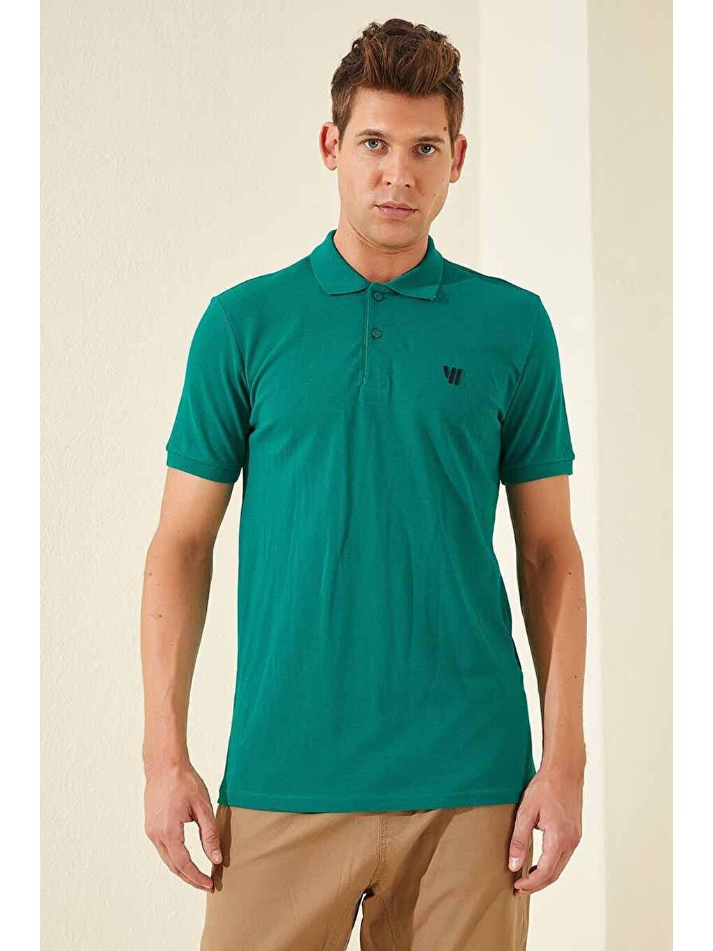Koyu Yeşil Basic Göğüs Logolu Standart Kalıp Triko Polo Yaka Erkek Tişört - 87768-3