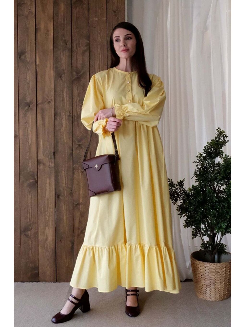 Sarı Düğmeli Elbise-5
