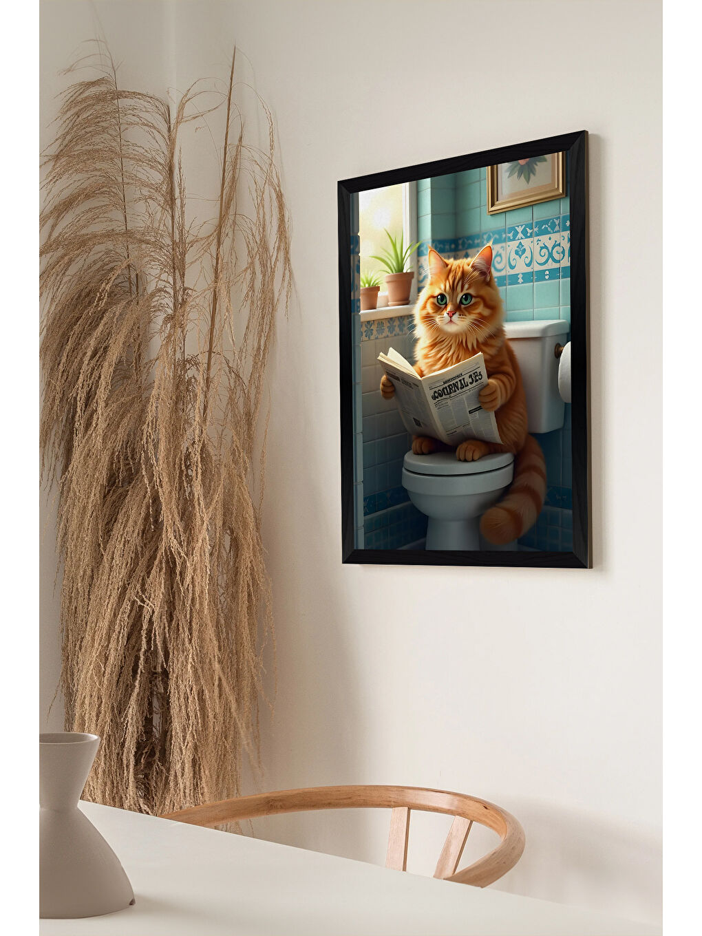 Beyaz Tek Parça Siyah Çerçeve Görünümlü Kedi Baskılı MDF 48x33 cm Tablo - Model 10