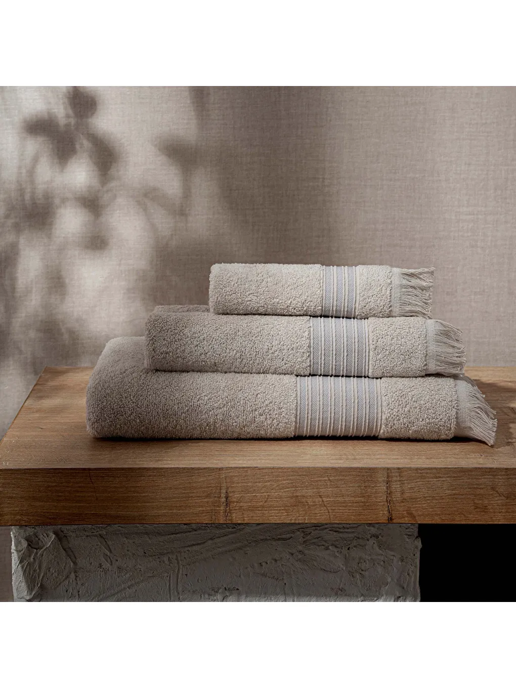 Aya 3'lü Havlu Seti %100 Pamuk Jakarlı Bej-1