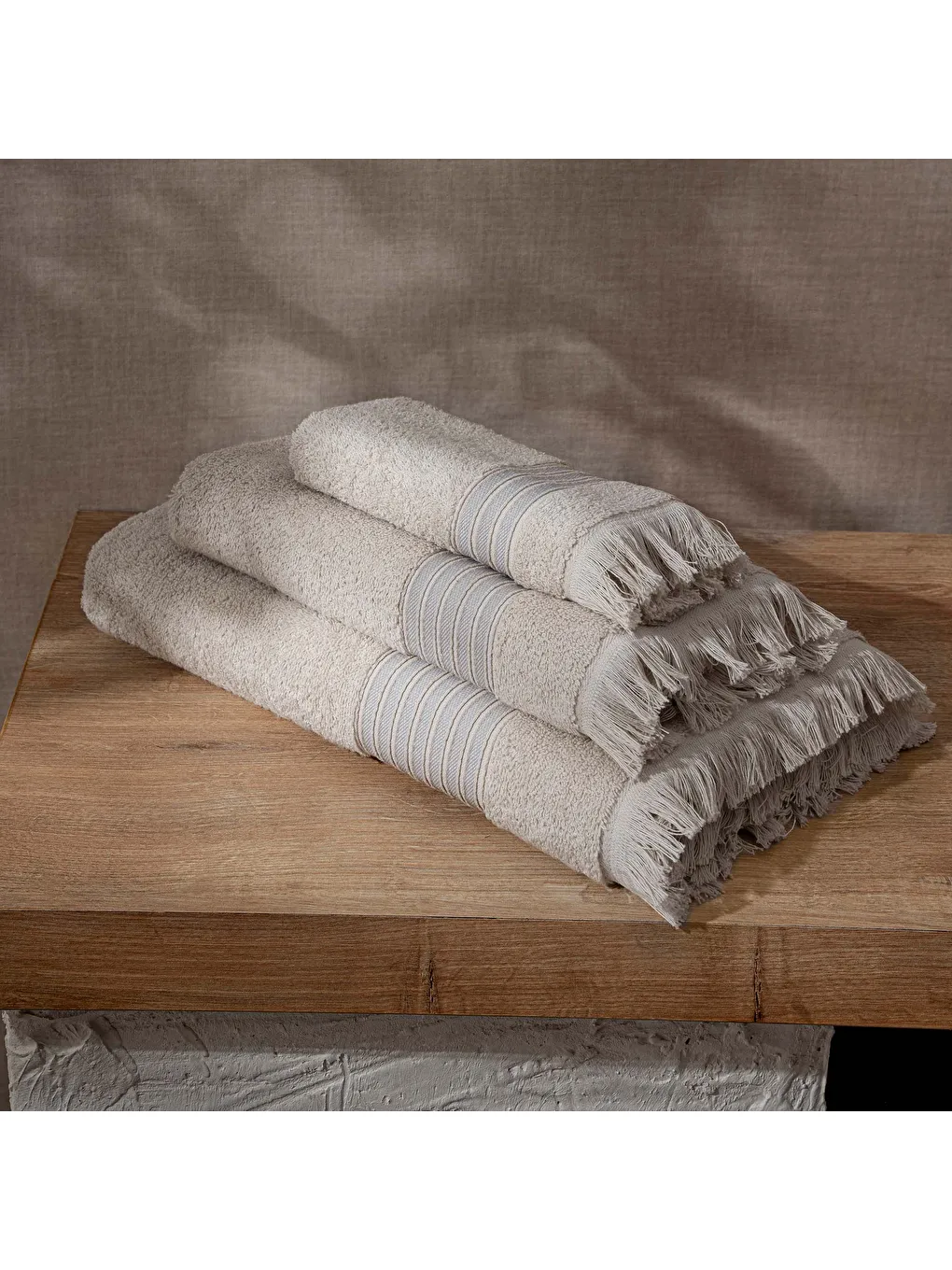 Aya 3'lü Havlu Seti %100 Pamuk Jakarlı Bej-2