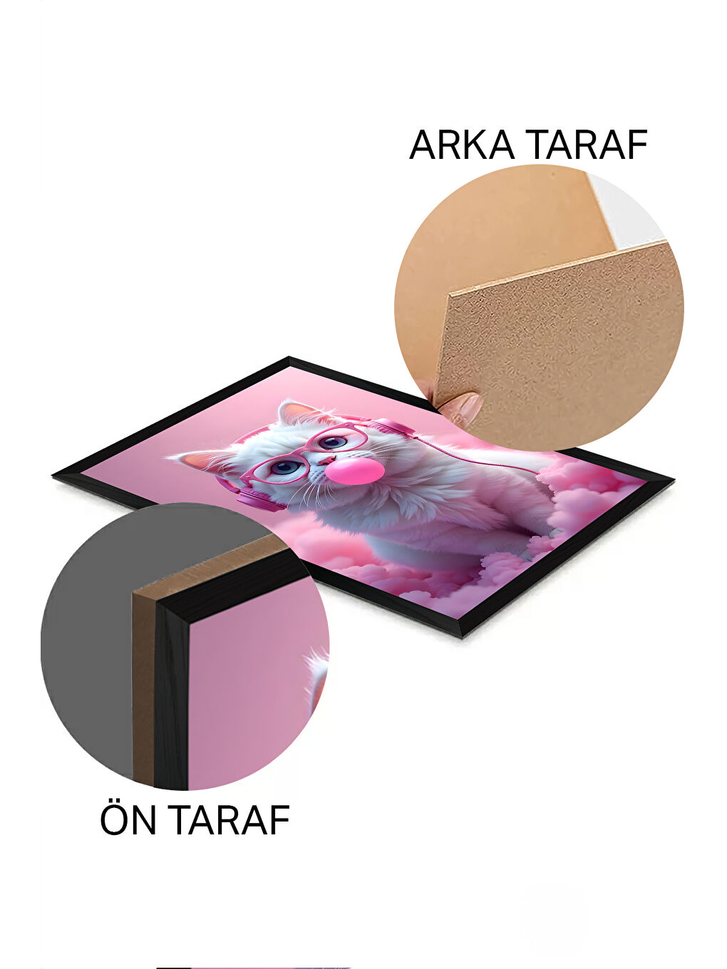 Beyaz Tek Parça Siyah Çerçeve Görünümlü Kedi Baskılı MDF 48x33 cm Tablo - Model 12-1