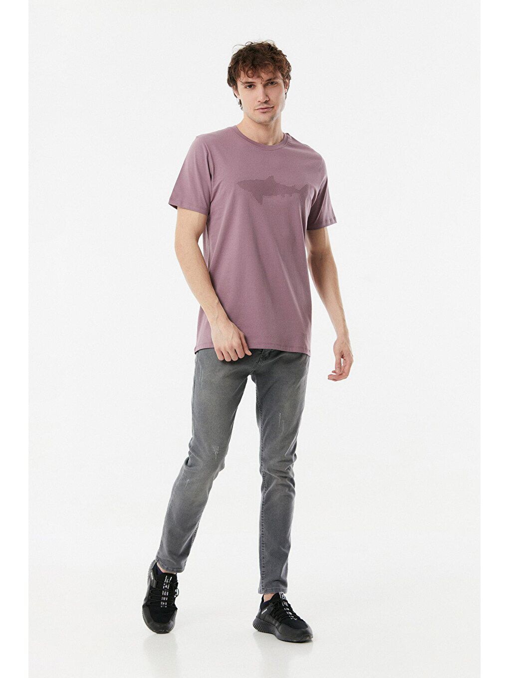 Mor Balık Kabartmalı Bisiklet Yaka Tişört-1