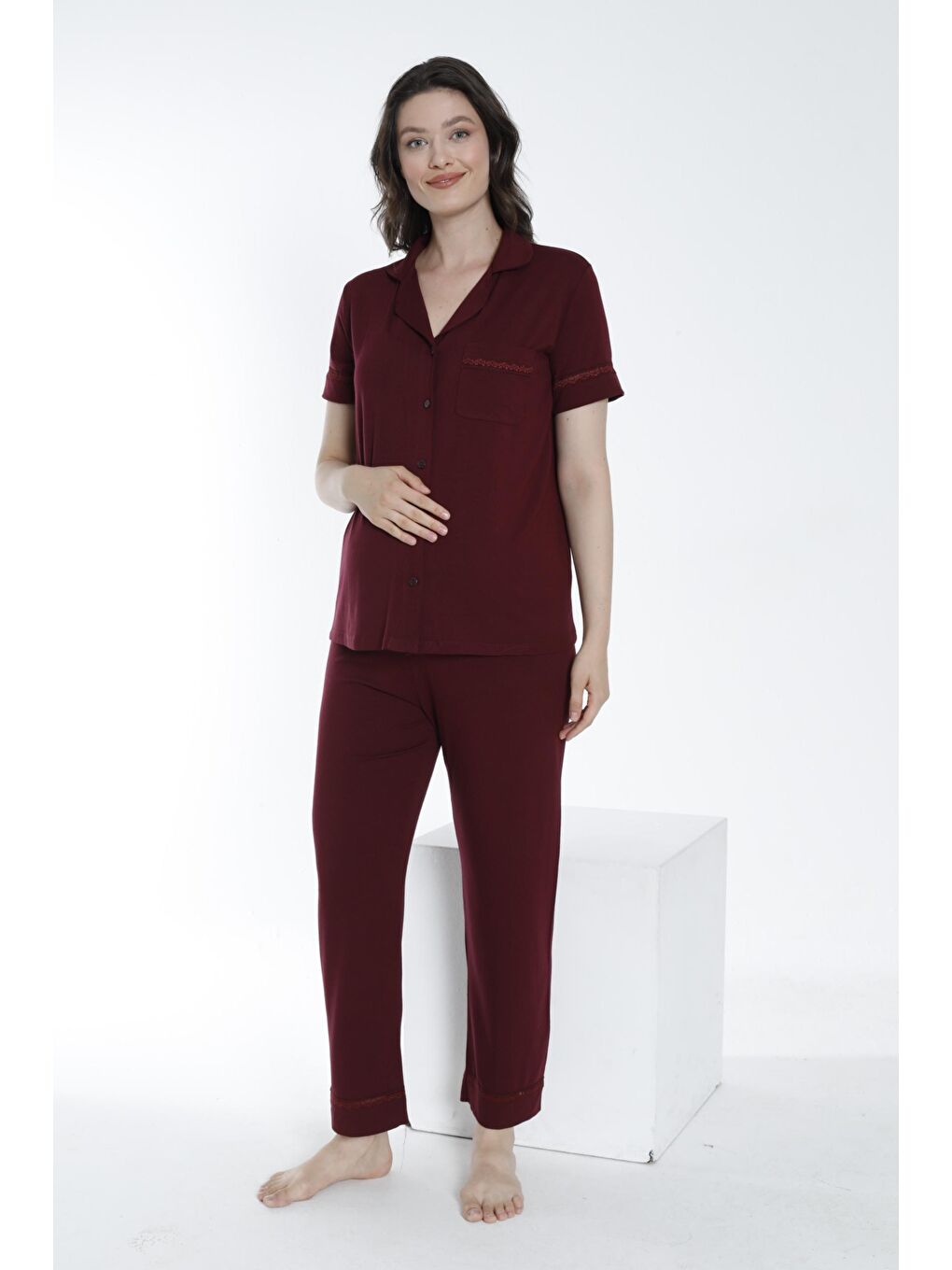 Bordo Önden Düğmeli Dantel Detaylı Hamile ve Lohusa Pijama Takımı