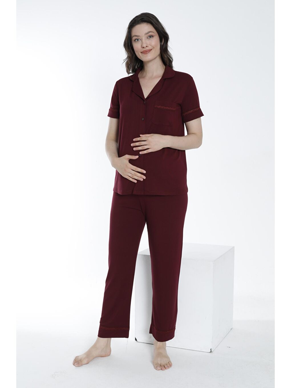 Bordo Önden Düğmeli Dantel Detaylı Hamile ve Lohusa Pijama Takımı-1