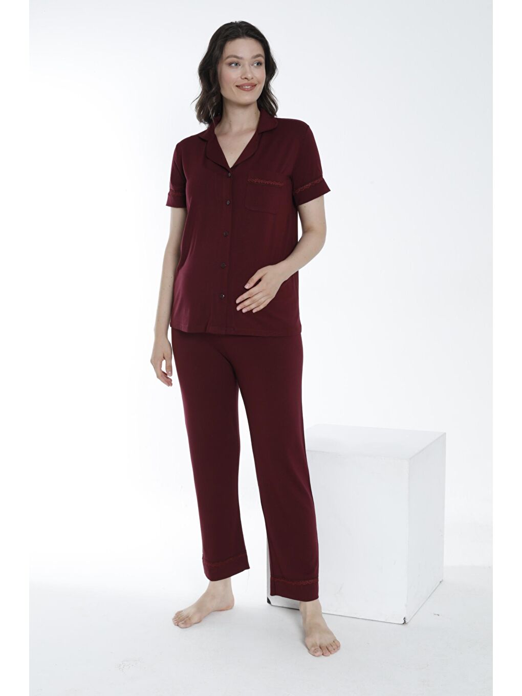Bordo Önden Düğmeli Dantel Detaylı Hamile ve Lohusa Pijama Takımı-2