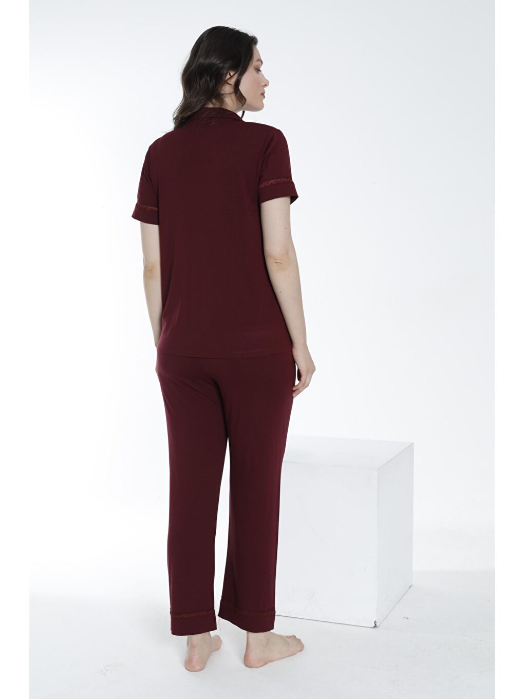 Bordo Önden Düğmeli Dantel Detaylı Hamile ve Lohusa Pijama Takımı-3