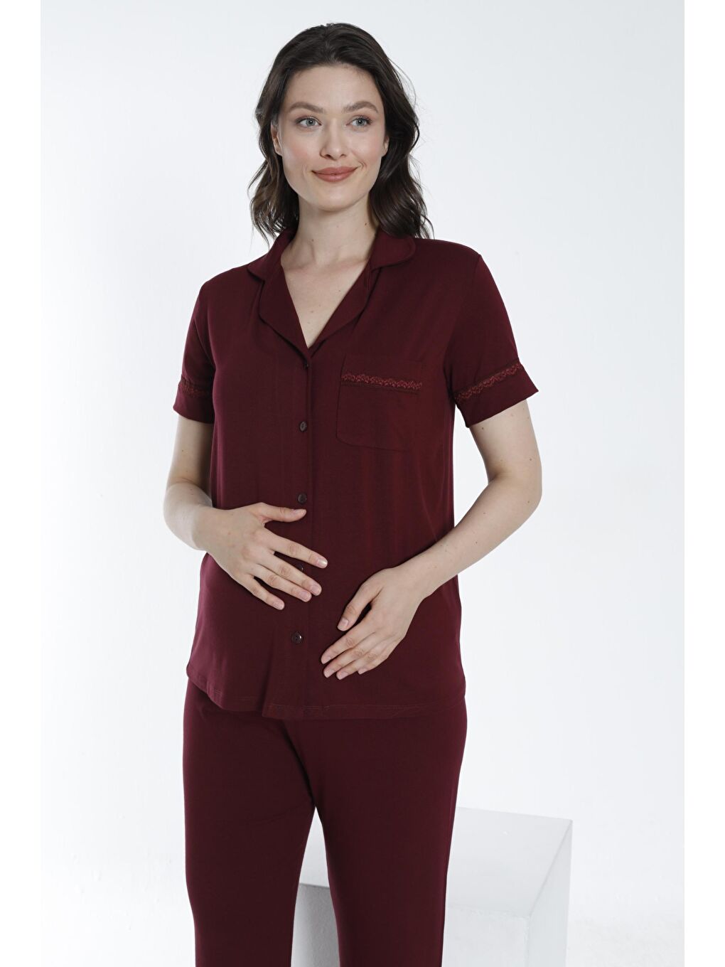 Bordo Önden Düğmeli Dantel Detaylı Hamile ve Lohusa Pijama Takımı-5