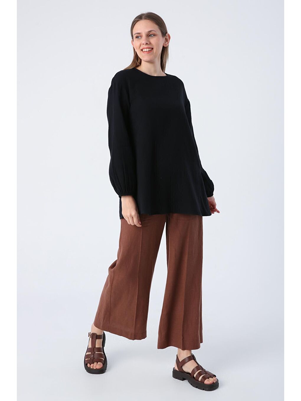 Siyah %100 Pamuk Müslin Kumaş Basic Bluz