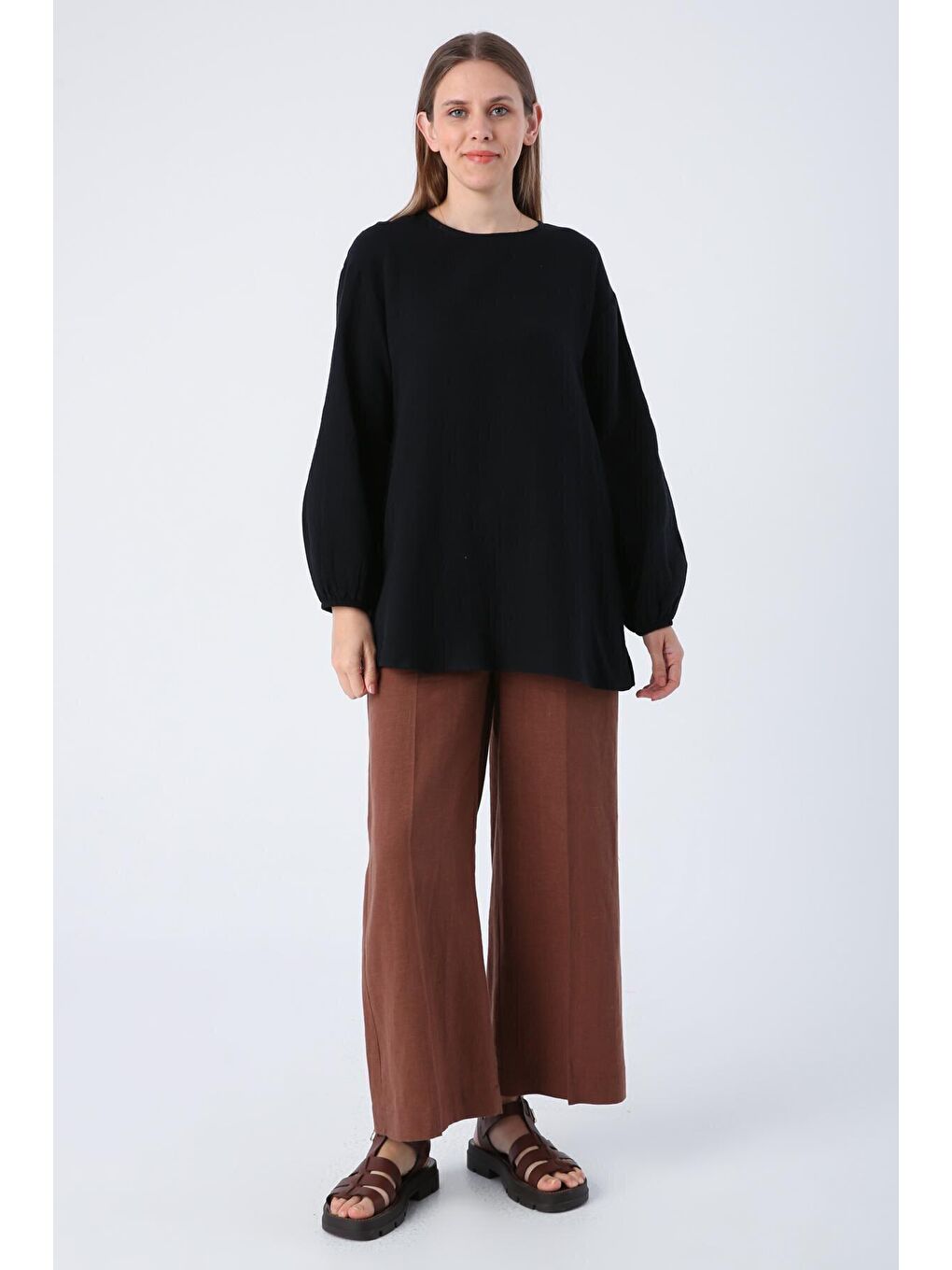 Siyah %100 Pamuk Müslin Kumaş Basic Bluz-1