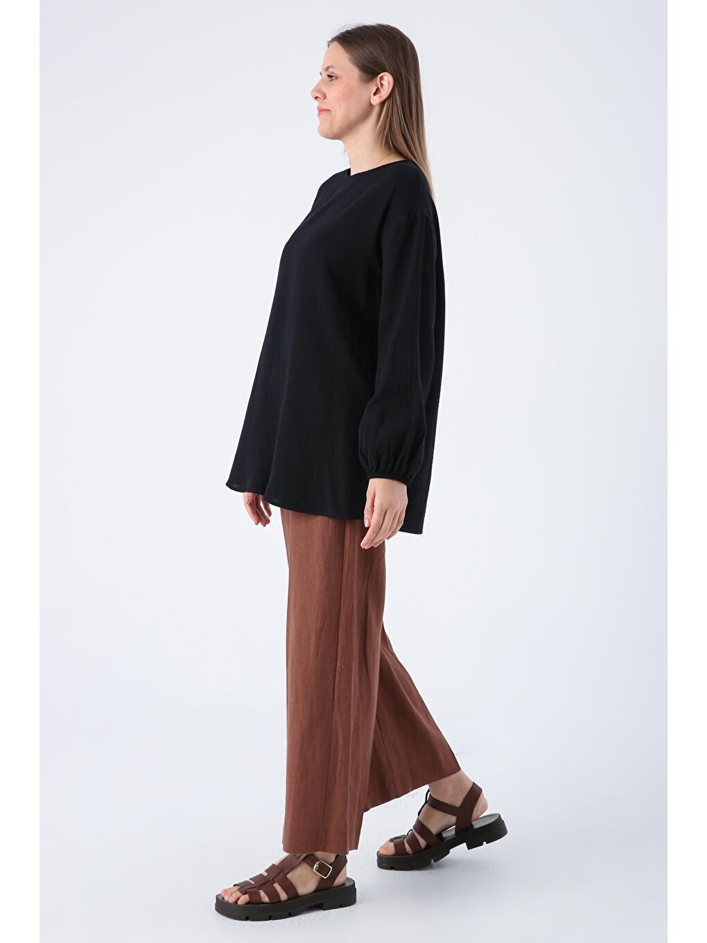 Siyah %100 Pamuk Müslin Kumaş Basic Bluz-2