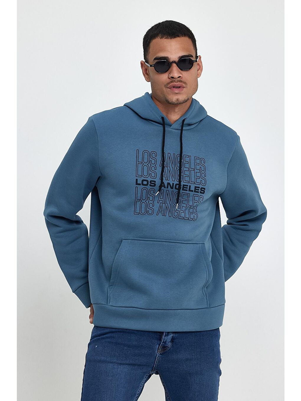 Petrol Erkek Kapüşonlu Regular Fit İçi Polarlı 3 iplik Los Angeles Baskılı  spr24sw10-1
