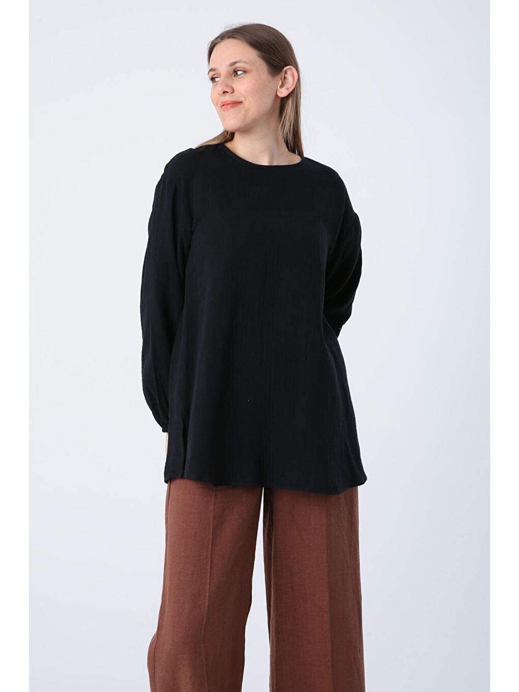 Siyah %100 Pamuk Müslin Kumaş Basic Bluz-4