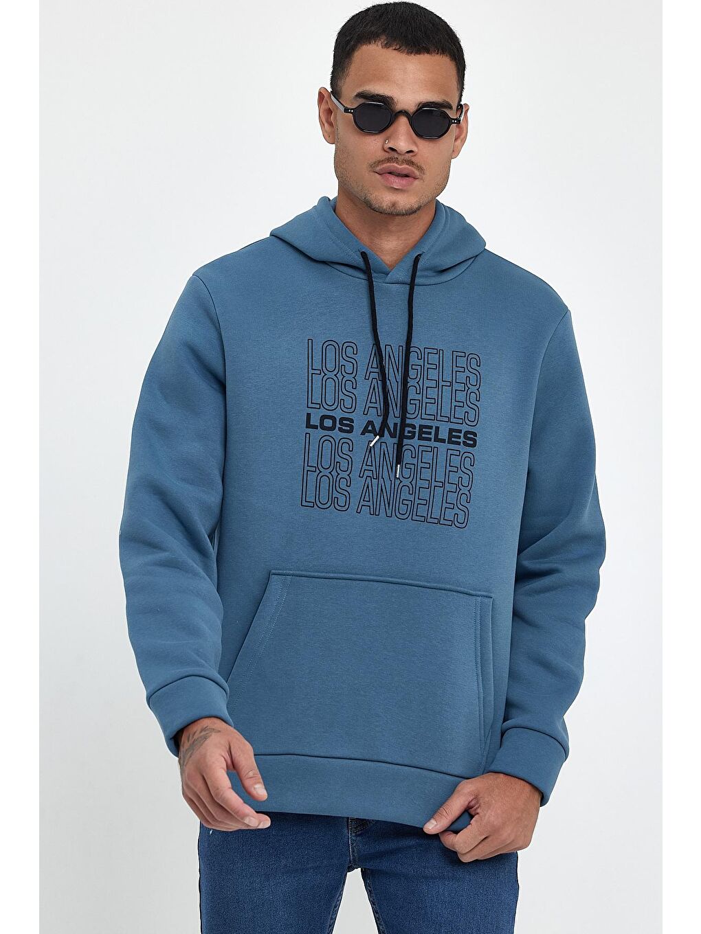 Petrol Erkek Kapüşonlu Regular Fit İçi Polarlı 3 iplik Los Angeles Baskılı  spr24sw10-2