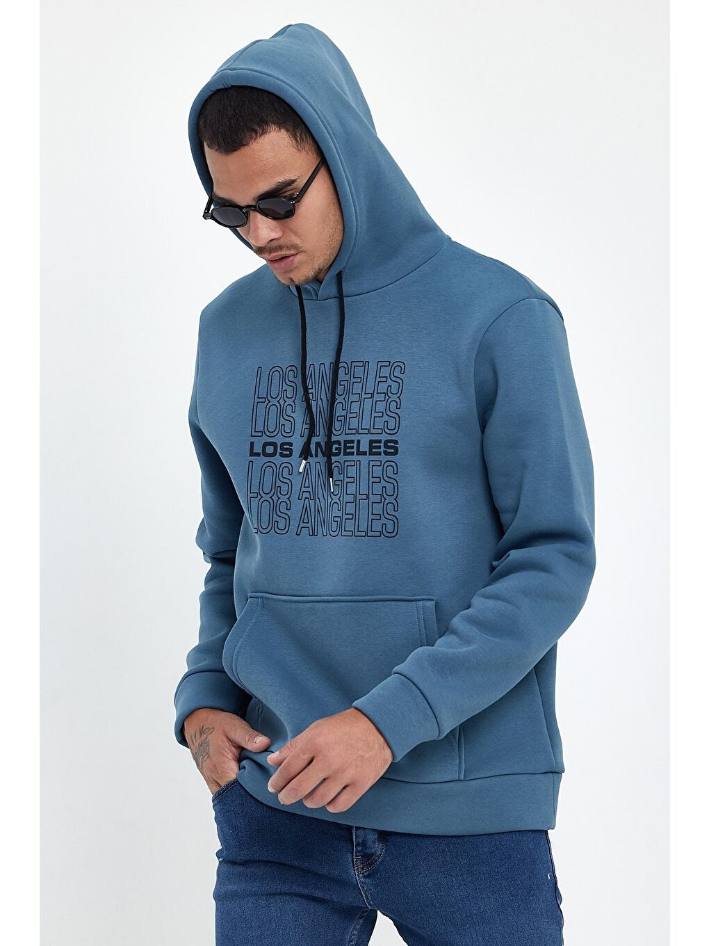 Petrol Erkek Kapüşonlu Regular Fit İçi Polarlı 3 iplik Los Angeles Baskılı  spr24sw10-3