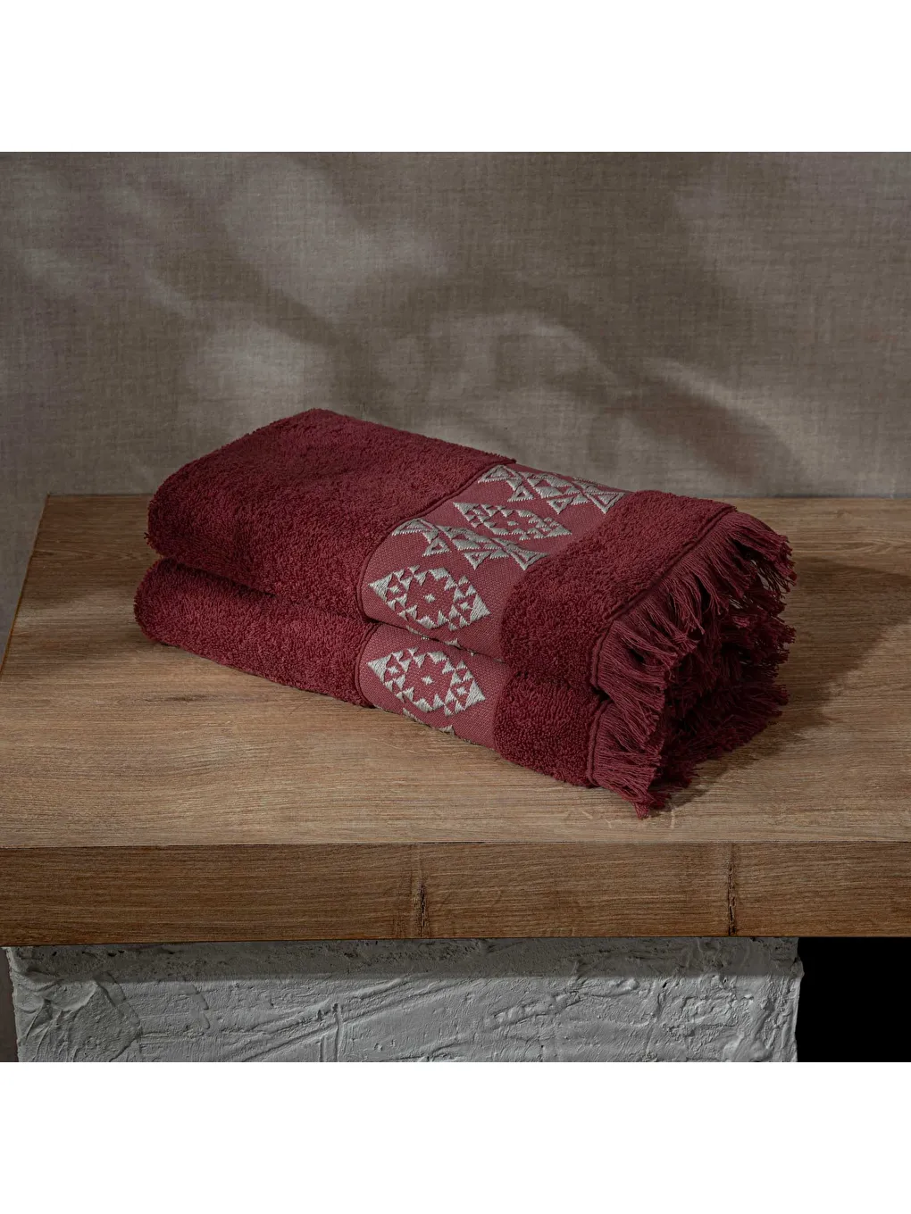 Hereke 2'li El Yüz Havlusu Seti %100 Pamuk Jakarlı Bordo 50x80 Cm-2