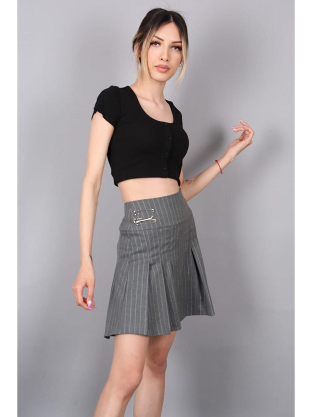 Antrasit Çizgili Pileli Kısa Kadın Etek Mg1451-1