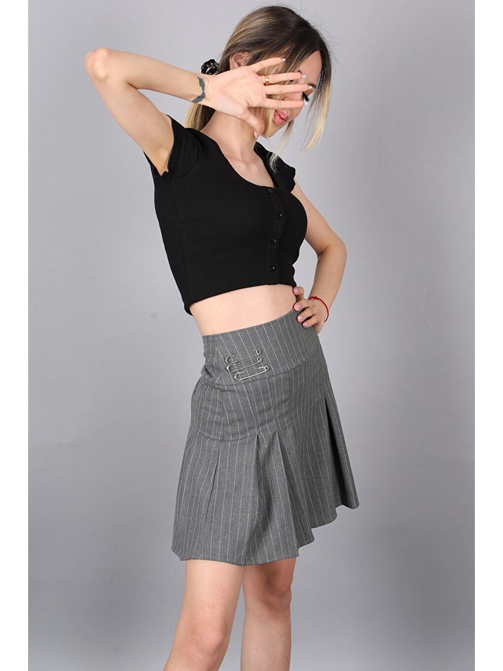 Antrasit Çizgili Pileli Kısa Kadın Etek Mg1451-2