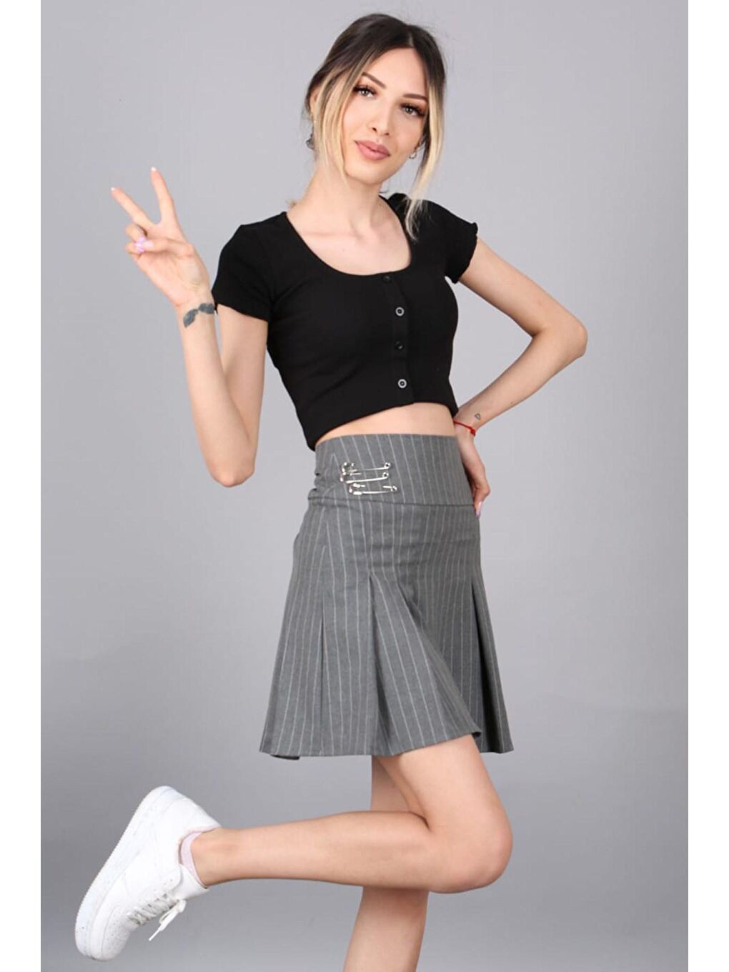 Antrasit Çizgili Pileli Kısa Kadın Etek Mg1451-3
