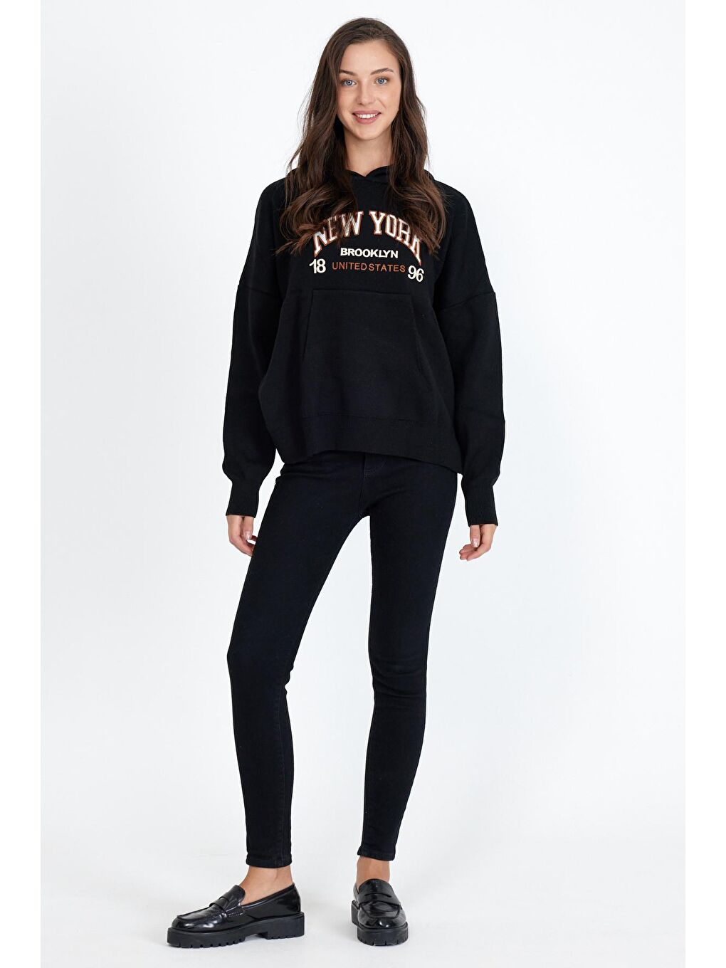 Siyah Kadın  Newyork Yazılı Sweat Kazak-1