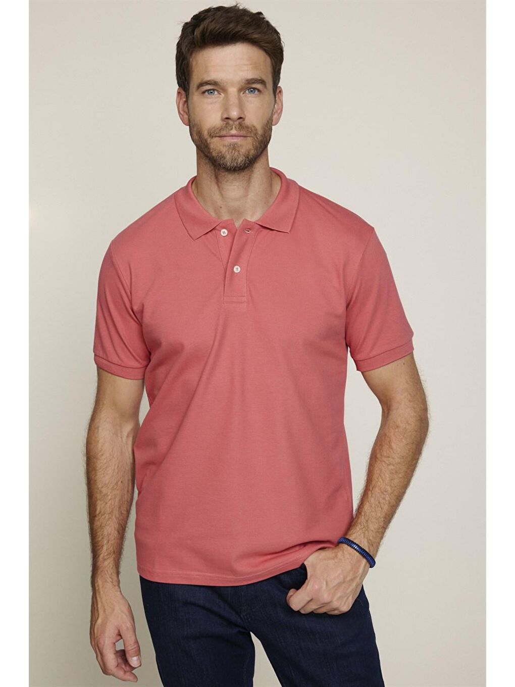 TUDORS Pembe Erkek Polo Yaka Slim Fit Düz Pamuk Pike Pembe Tişört